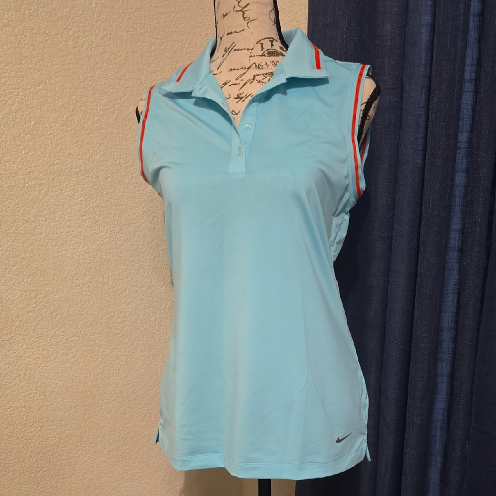 Nike Dri-FIT Sleeveless Golf Polo Shirt Light Blue Mint Coral Piping Size Small